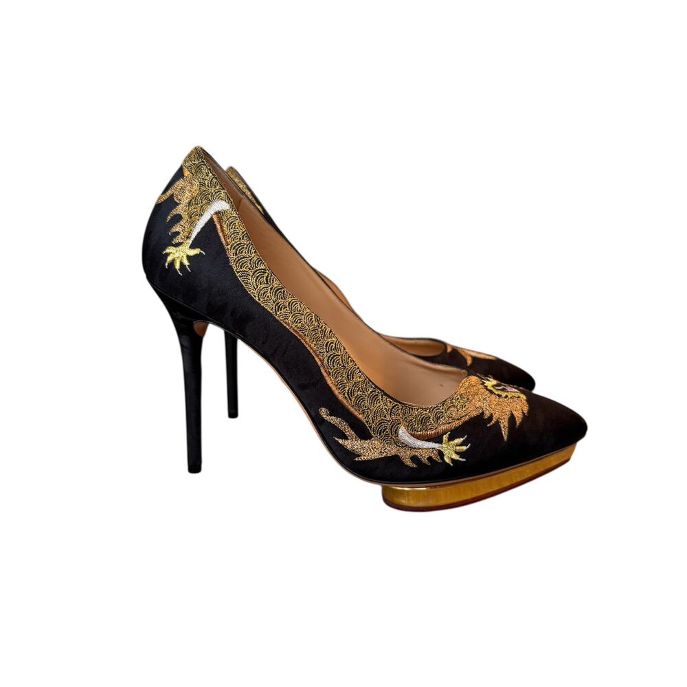 Charlotte Olympia Black and Gold Embroidered Dragon Satin Pumps